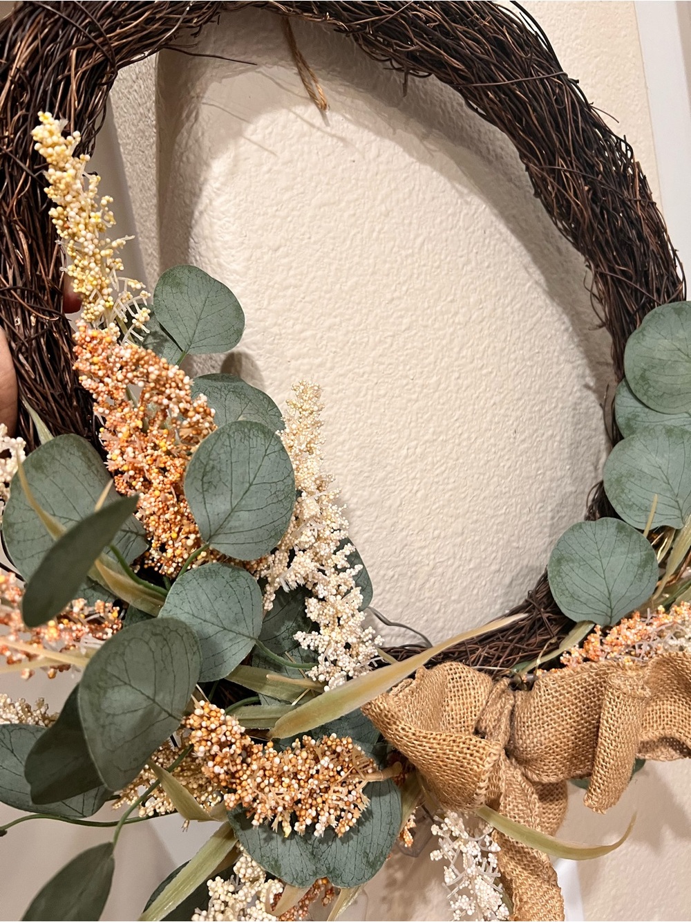 Target Green Eucalyptus and Cream Floral Grapevine Wreath with Burlap Bow